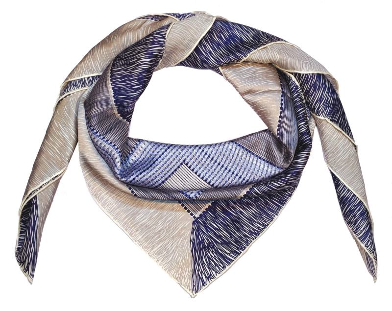 Foulard Shawl Silk Satin Abstract Classic Geometric 110X110 Blue Grey